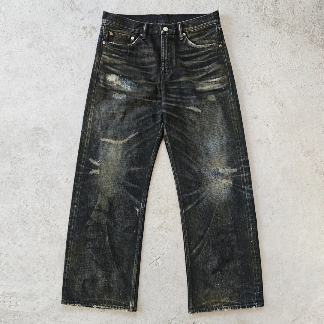 WIROTE威络黑魂乱针牛王水洗黑橙色小A字宽松直筒赤耳牛仔长裤男