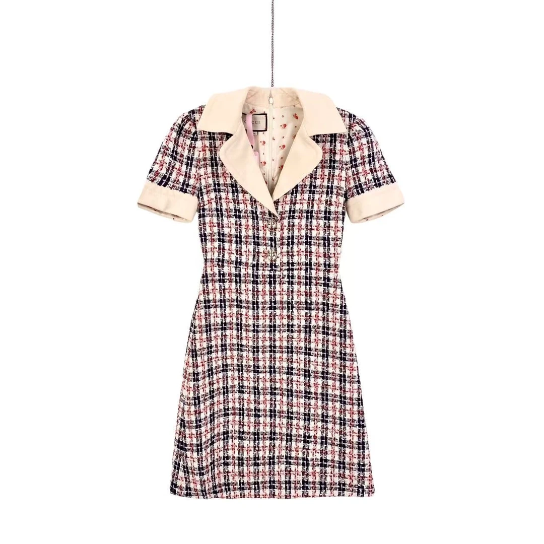 99新 GUCCI/古驰 cc370  棉 翻领毛呢千鸟格连衣裙 36码