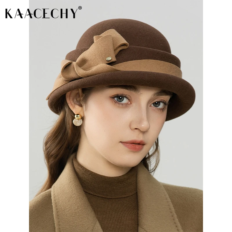 简约复古羊毛盆帽子女2025新款爆款洋气蝴蝶结装饰礼帽出游显气质