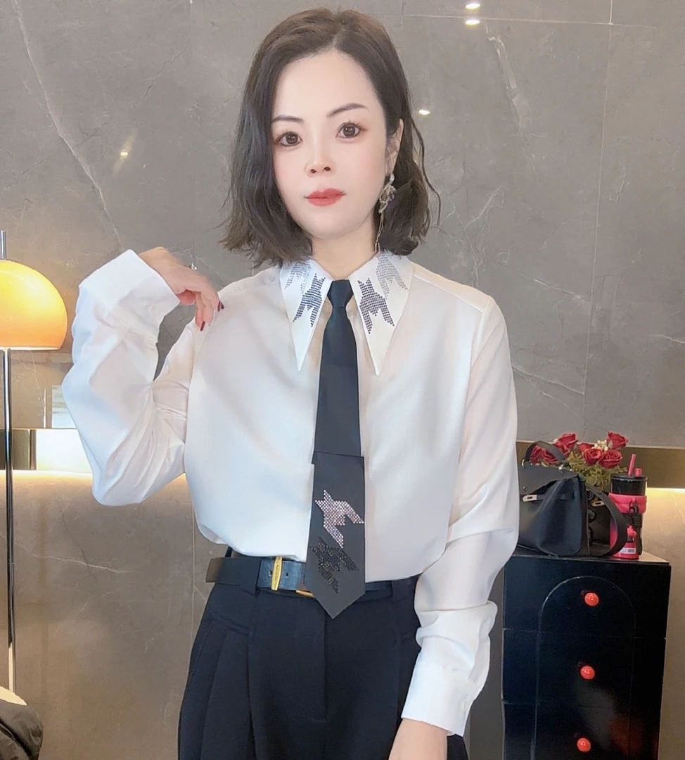 （韩莎）高级领带衬衫上衣女2025年春季新款别致休闲慵懒长袖上衣