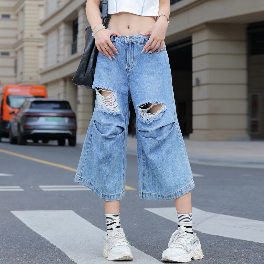 复古七分牛仔裤女款爆款2025新款夏季裤子破洞八分宽松直筒阔腿裤