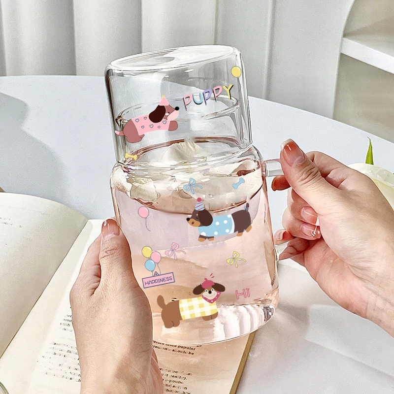 平底玻璃杯可加热卡通水杯耐高温可爱杯子带盖牛奶杯早餐豆浆杯子