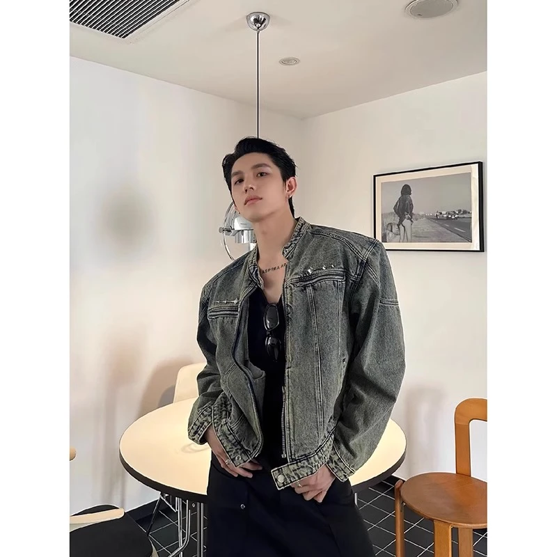 春秋高档垫肩牛仔外套男款美式复古工装夹克高级感痞帅短牛仔褂子