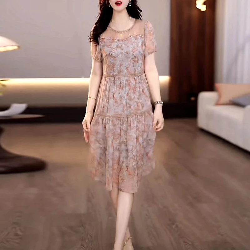 2025夏季新款轻羽丝气质洋气碎花礼服裙修身遮肉时尚减龄连衣裙女