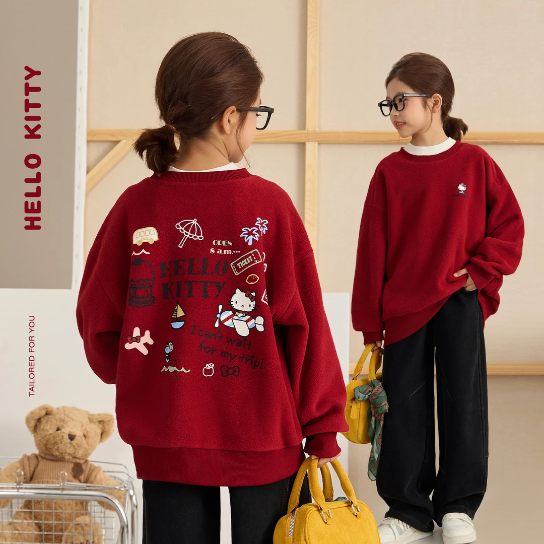 辰辰妈【度假猫】女童摇粒绒卫衣kitty保暖亲子装套头上衣9035DH