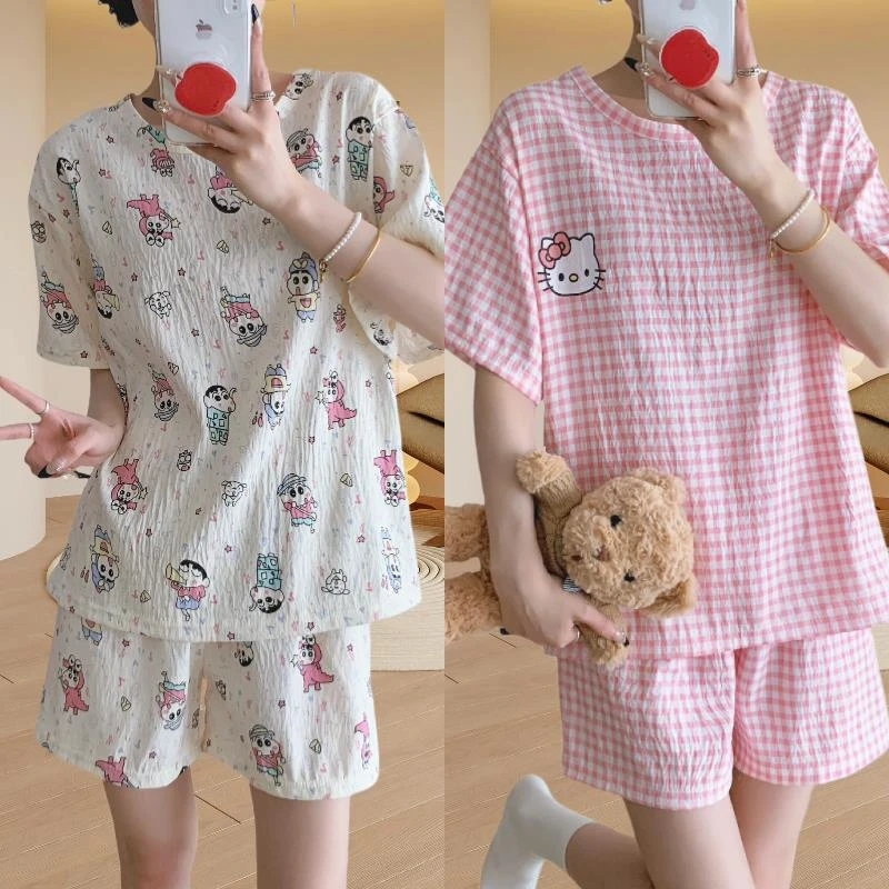 云朵棉2025新款睡衣女夏季短袖短裤格纹圆领可爱甜美春夏天家居服