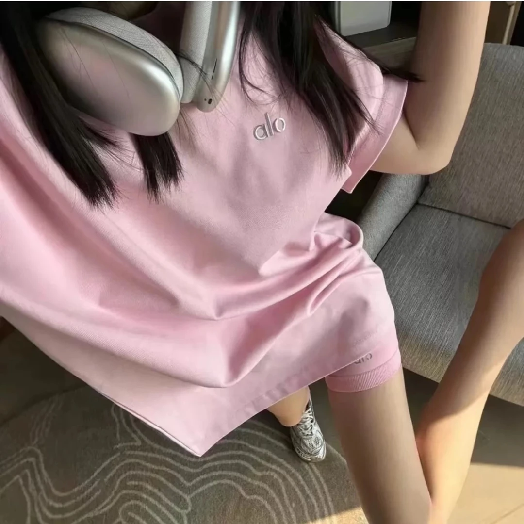 粉色25新款alo短袖T恤女高版本纯棉上衣中长款宽松慵懒风潮牌大版