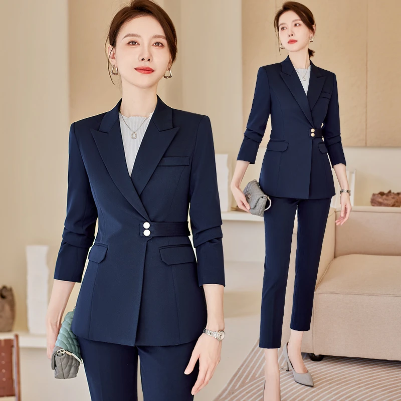 职业套装女春秋酒店前台接待正装珠宝店美容院工装藏青色西装外套
