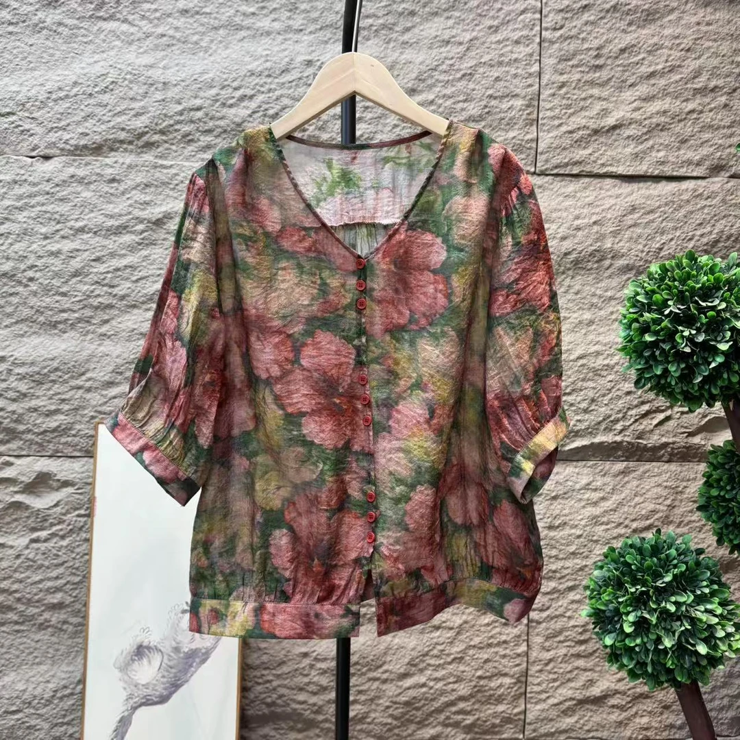 12727新款夏季优雅碎花遮肉小衫T恤