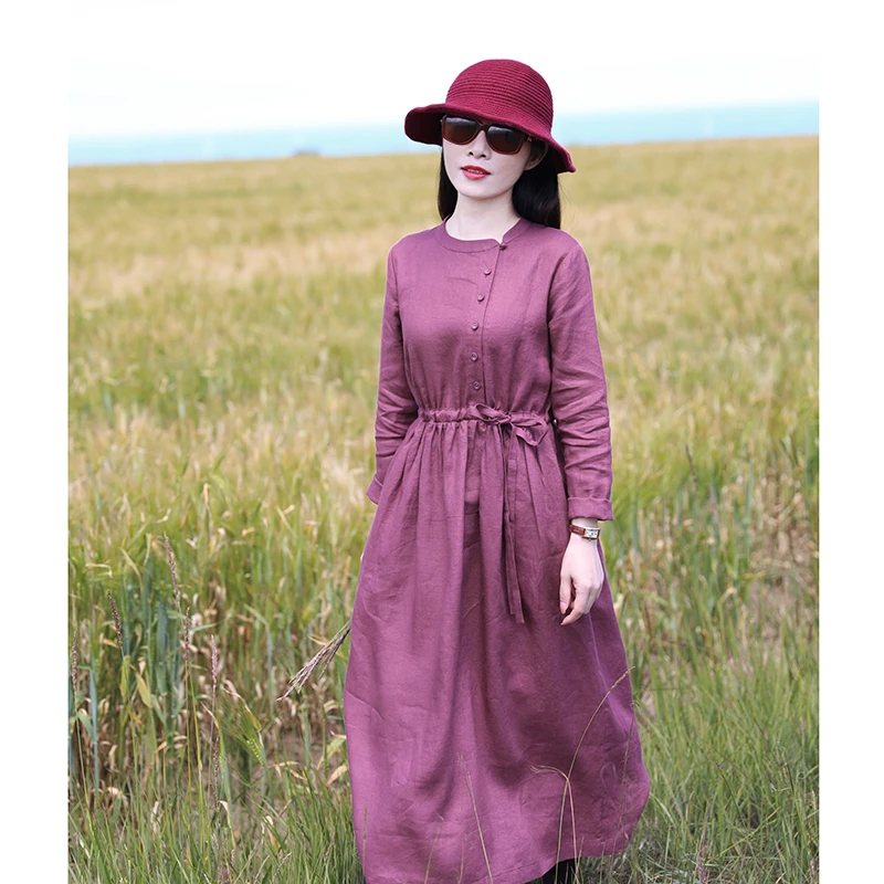 棉麻连衣裙女2025春季新款宽松收腰显瘦气质文艺复古纯色长袖长裙