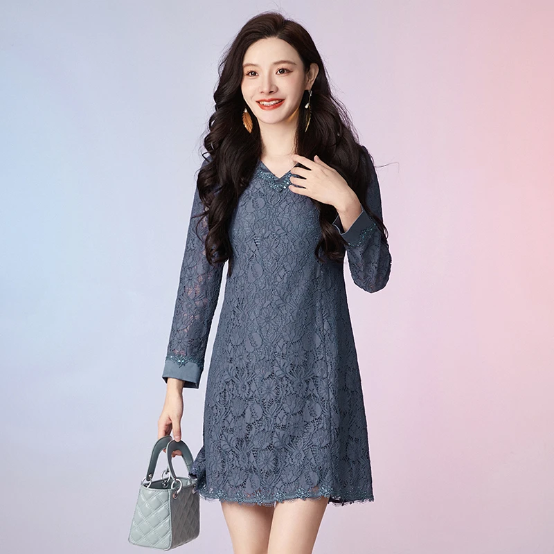 装饰亮片V领中裙高级感连衣裙女43GS0A0040