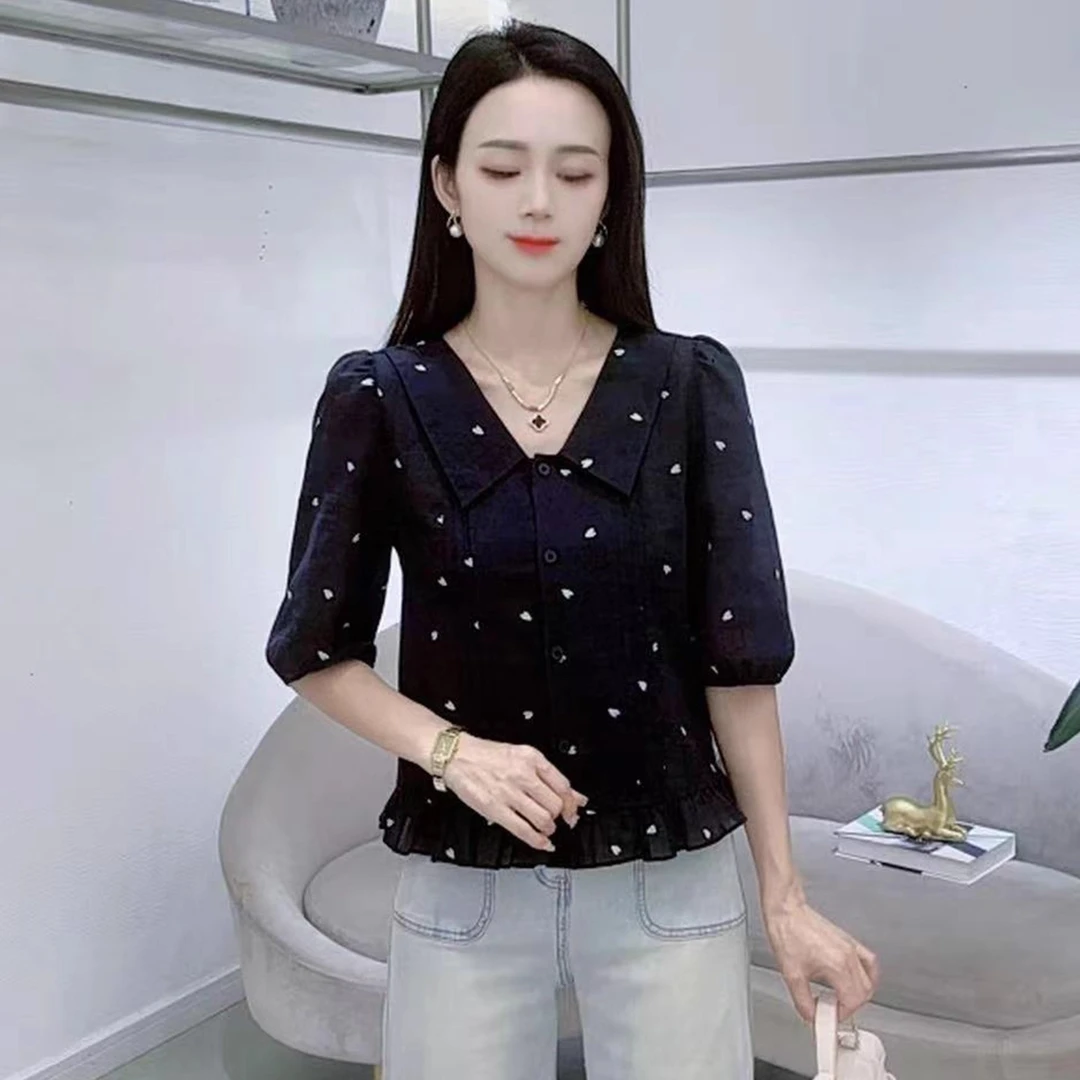 拉夏贝尔时尚雪纺衫女装2025夏季新款显瘦设计感波点v领短袖上衣
