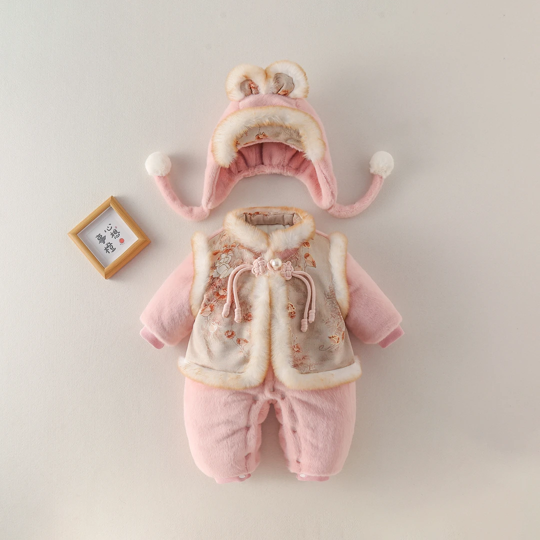 新生婴儿冬季加棉加厚中国风连体衣套装男女童宝宝拜年服