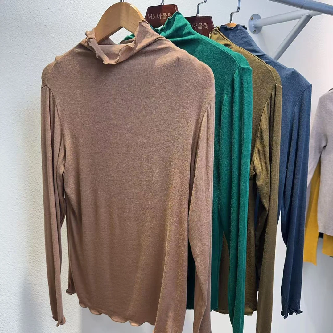 韩系百搭木耳领长袖女士秋冬打底衫