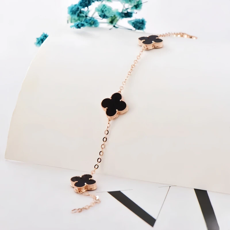 18K玫瑰金手链黑色五花手链 通体18K金10MM花手链18K金镶玛瑙手链