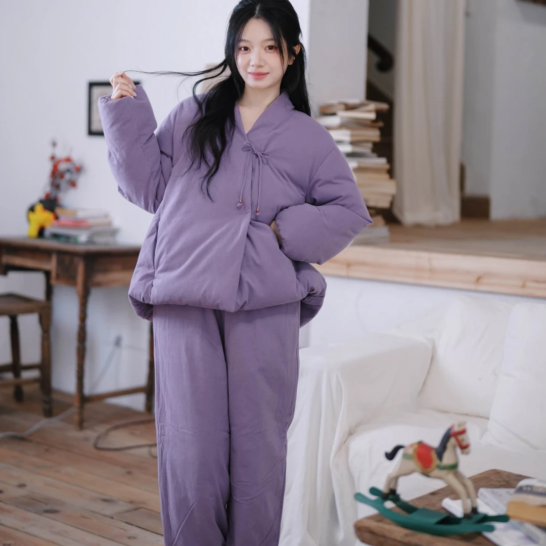 【蟲子姐姐专属】朵朵可可252-036女冬V领紫色羽绒保暖家居服套装