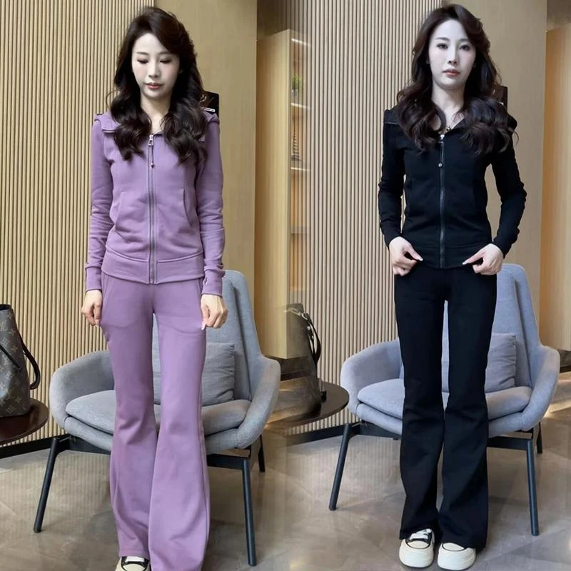 时尚休闲套装女2025春季新款洋气减龄连帽开衫外套微喇裤两件套潮