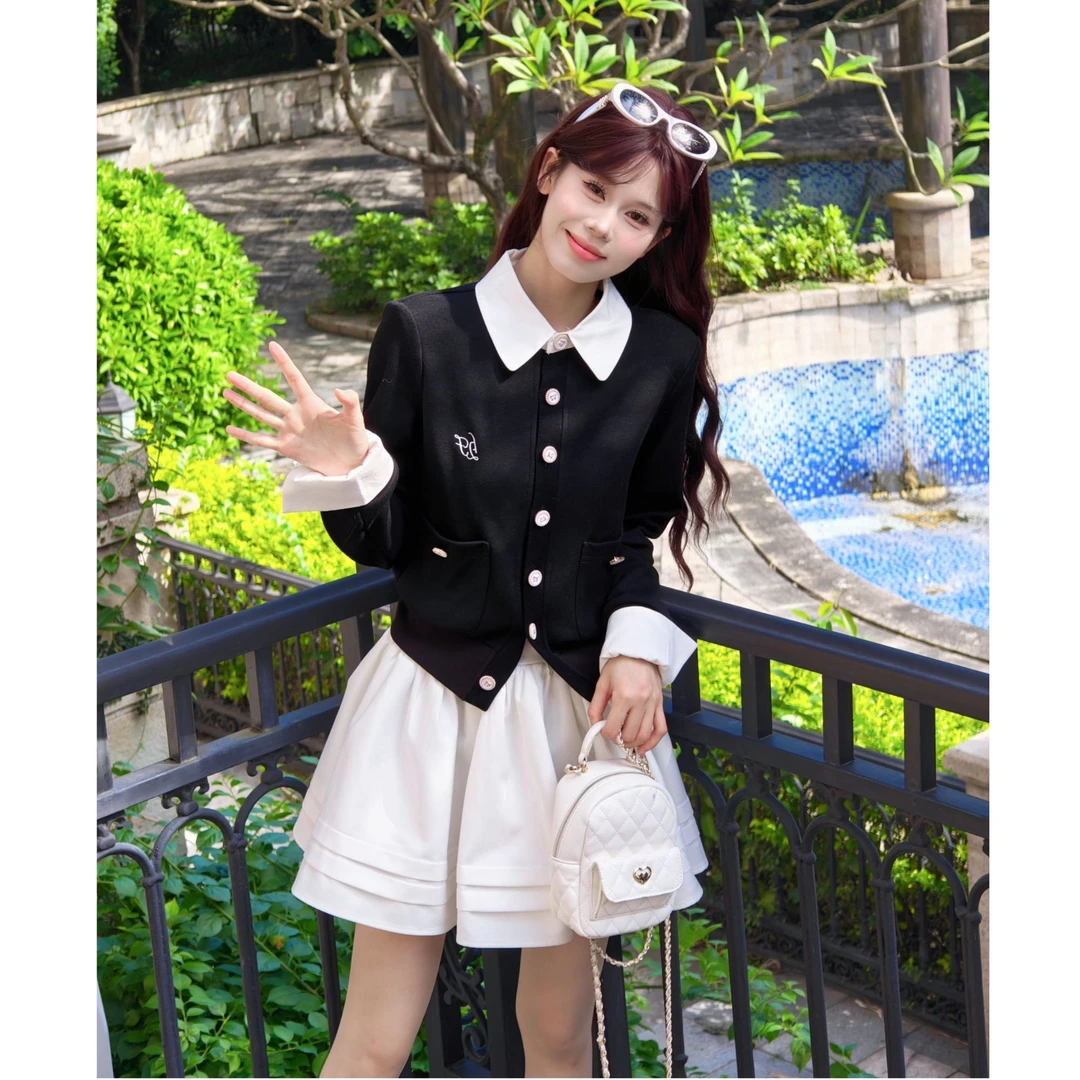 小小仟 撞色拼接假两件针织开衫毛衣外套木耳边百褶裙套装