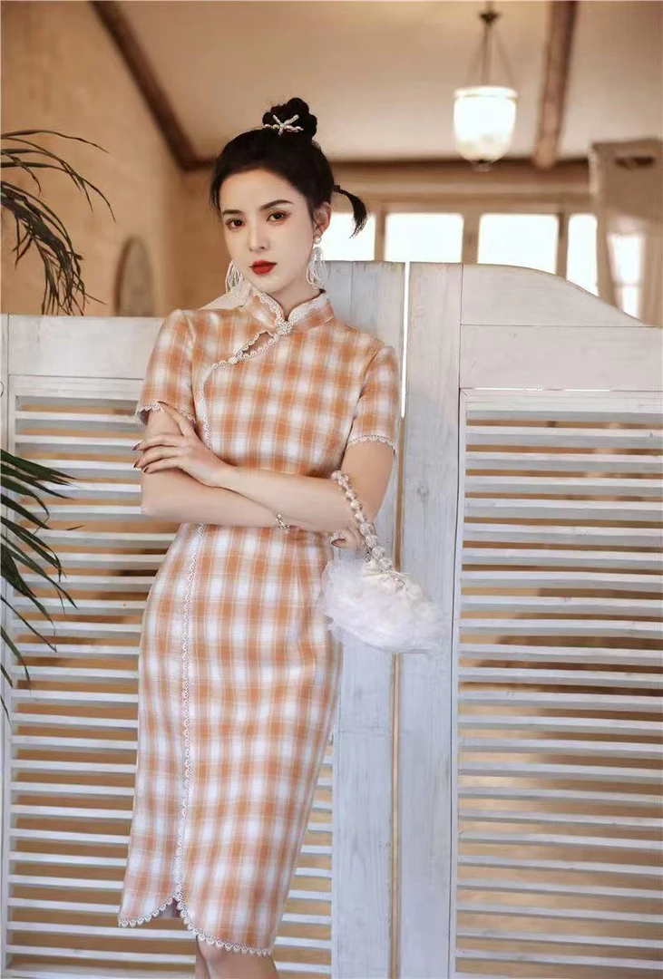 【2433 设计师款 水橙色格】显瘦气质修身优雅复古中国风旗袍