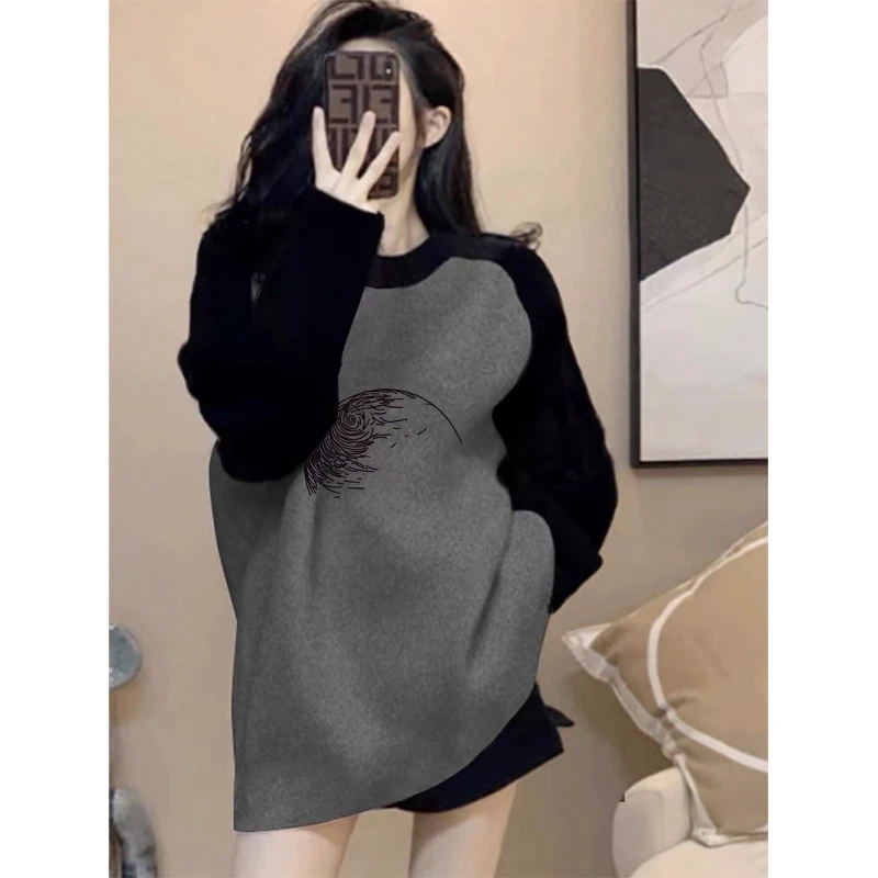 中长款宽松休闲搭配鲨鱼裤撞色德绒磨毛加厚长袖t恤女装百搭上衣