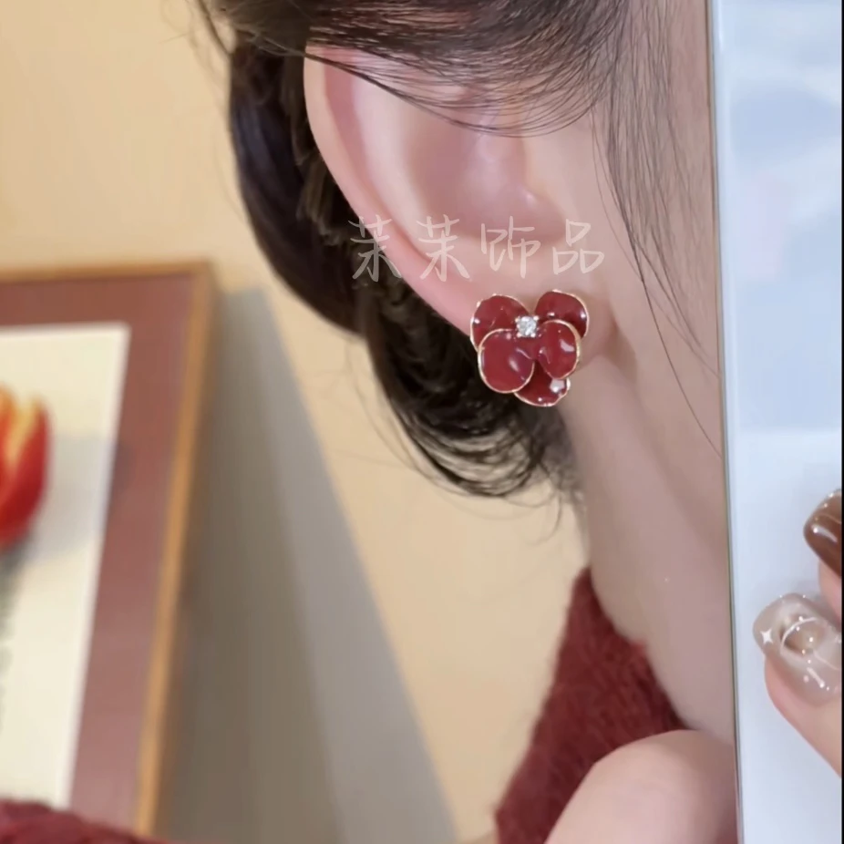 铜合金合成锆石耳饰 铜合金耳饰 【红色浪漫】花朵耳钉复古轻奢高级
