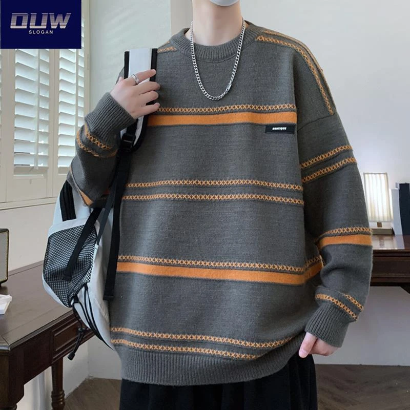O.U.W2025慵懒风潮牌宽松条纹毛衣男士高级感初秋线衣打底针织衫
