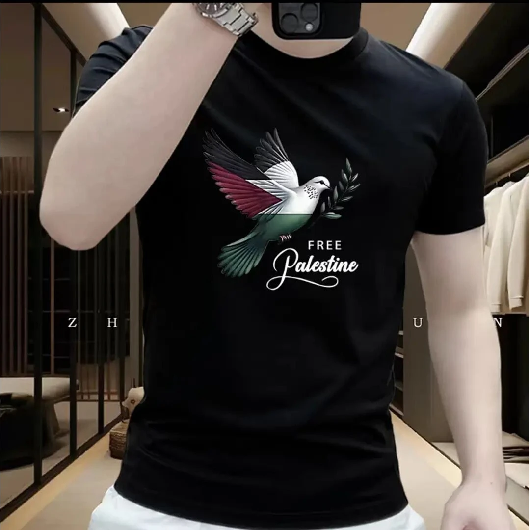 2025男装新款纯棉短袖百搭时尚创意鸽印花T恤男士潮牌圆领上衣ins