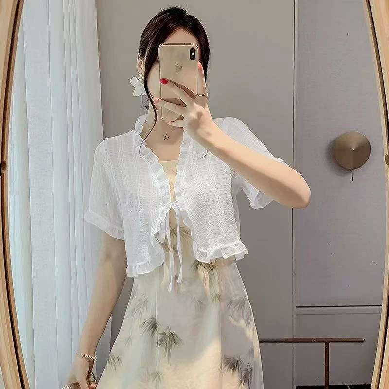 LL琳大码木耳边雪纺开衫夏薄款配吊带裙子外搭法式小披肩罩衫6316