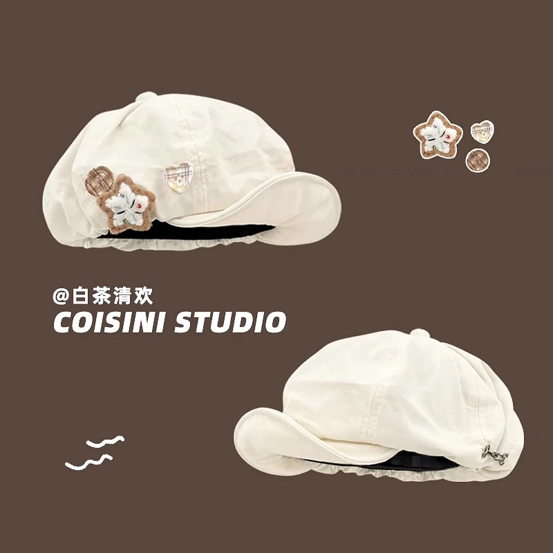 日系复古棉麻大头围翻檐八角帽女春夏氛围感甜美百搭贝雷帽显脸小