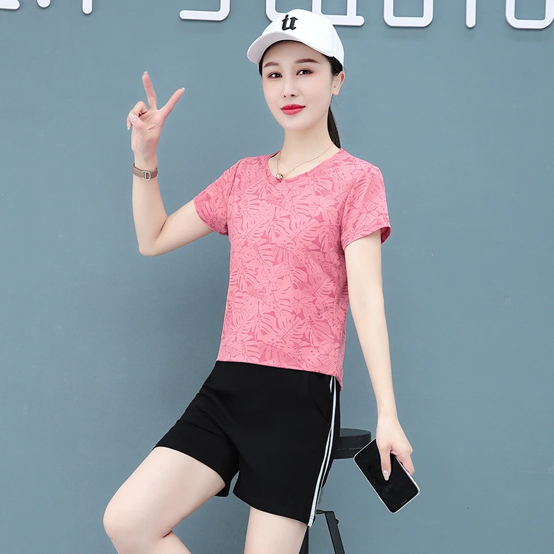 品牌官网休闲运动服套装女款夏大码跑步冰丝速干短裤短袖两件套薄