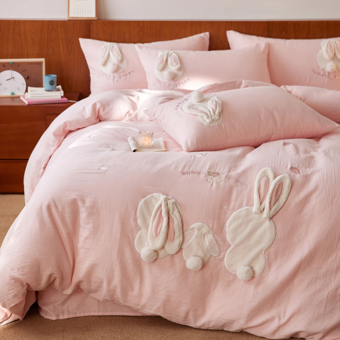 可爱A类全棉水洗双层纱四件套草莓兔子刺绣被套纯棉床上用品床单