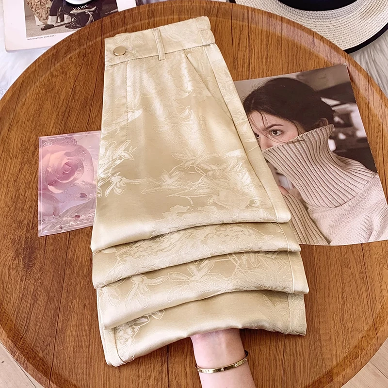 拉夏贝尔高级感醋酸阔腿裤女夏薄款2025新款凉凉防晒裤提花直筒裤