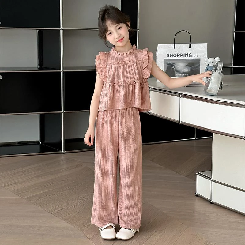 女童娃娃衫套装夏款2024网红洋气女孩雪纺薄款上衣阔腿裤两件套潮