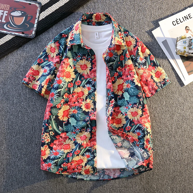 夏季纯棉碎花衬衫男款短袖新款潮流痞帅衬衣男休闲薄款男士衬衫