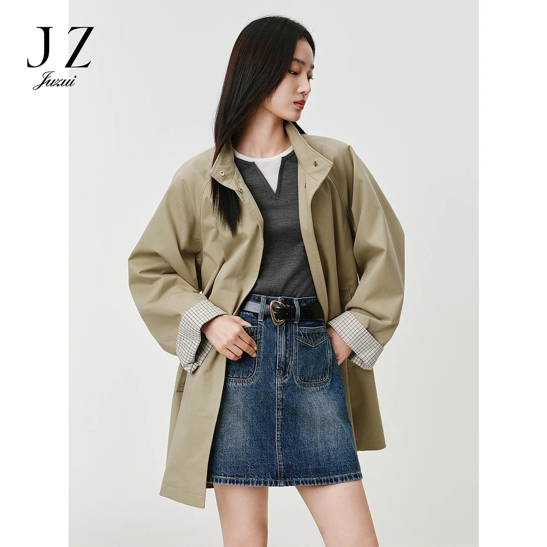 JUZUI玖姿韩系简约袖口格纹撞色风衣女2025秋季新款JTFQ41302