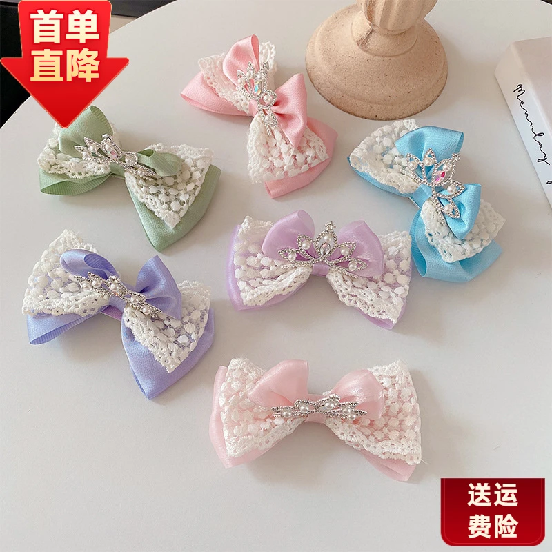 春夏新款女童双层蝴蝶结发夹公主皇冠可爱立体网纱头饰小饰品