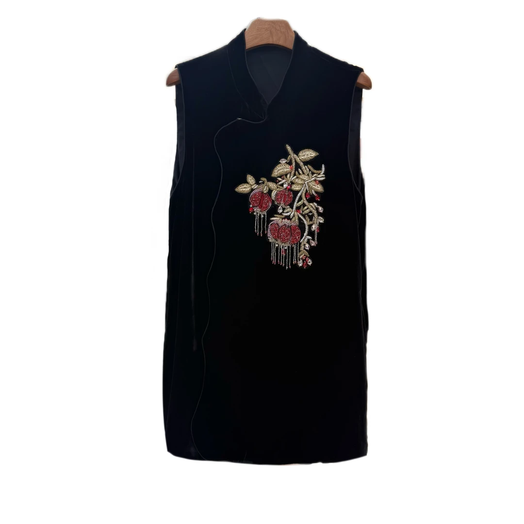 1113新中式马甲蚕丝丝绒气质上衣轻奢中国风背心长款针织