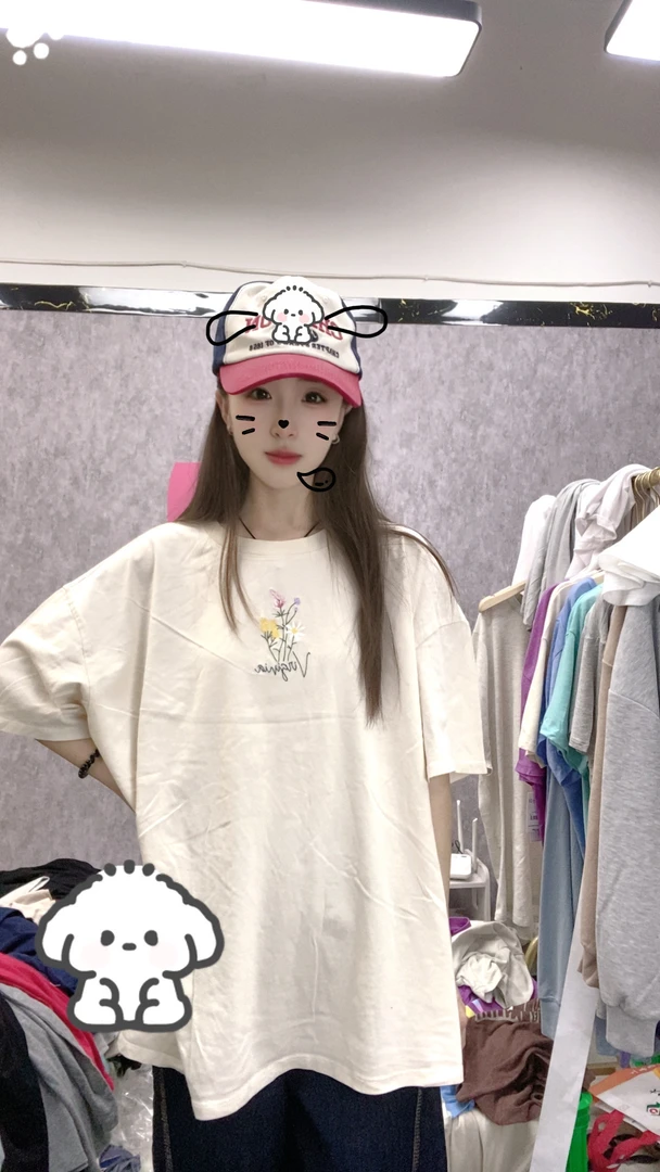 外贸高品质T恤米白色小雏菊