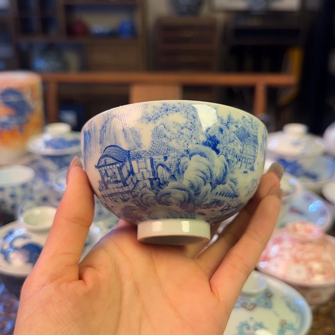 重工山水杯手绘放漏
