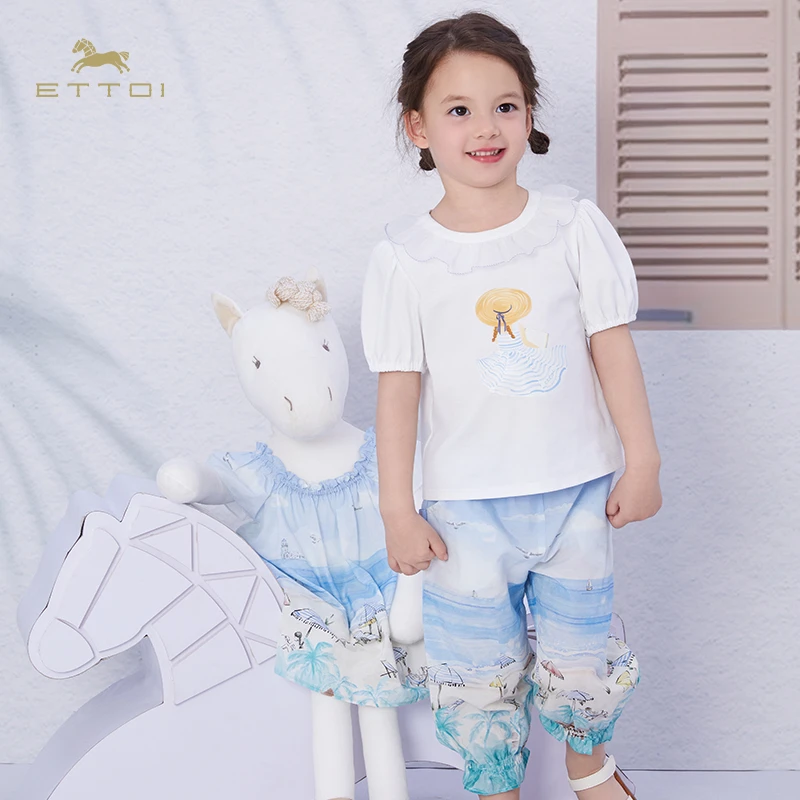 ETTOI爱多娃可爱圆领上衣夏花边领百搭短袖T恤棉打