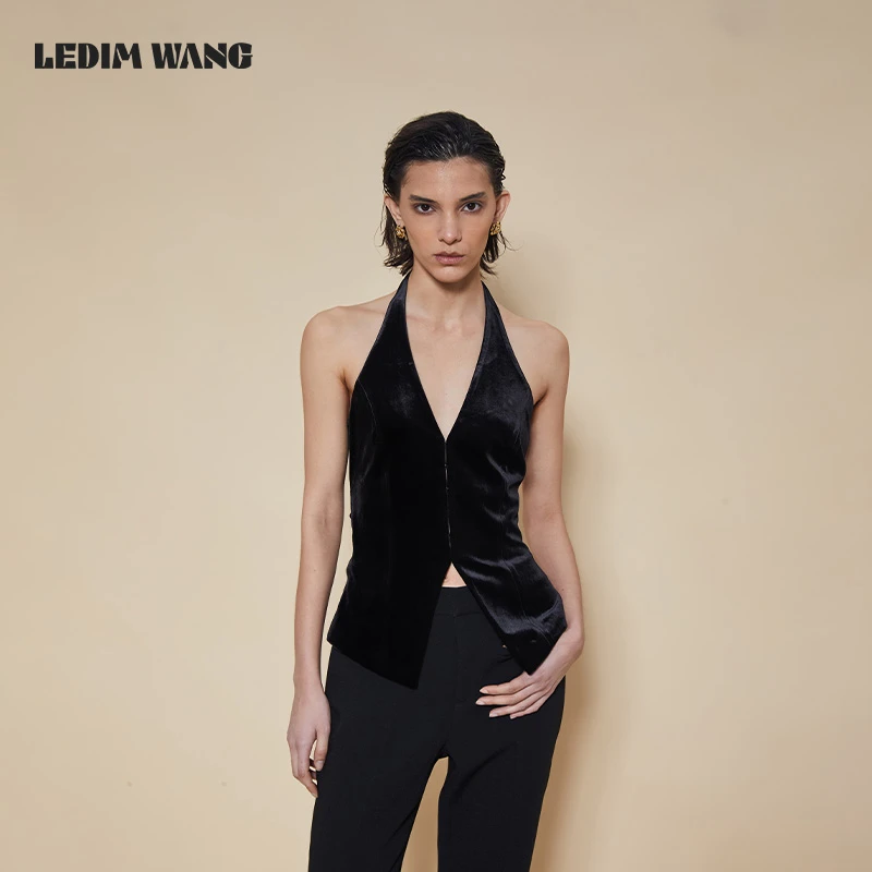 LEDIM WANG挂脖丝绒老钱风马甲女开叉修身显瘦小众设计高级感挂脖