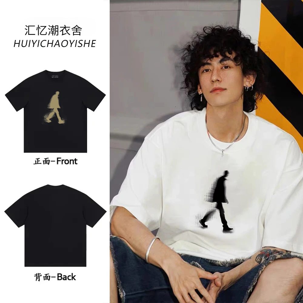 夏季新款美式重磅纯棉人影印花潮流休闲圆领宽松设计感痞帅短袖男