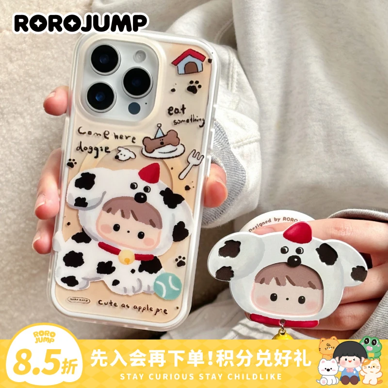 肉肉酱帽子斑点狗原创适用iphone16磁吸磨砂二合一手机壳苹果15pm