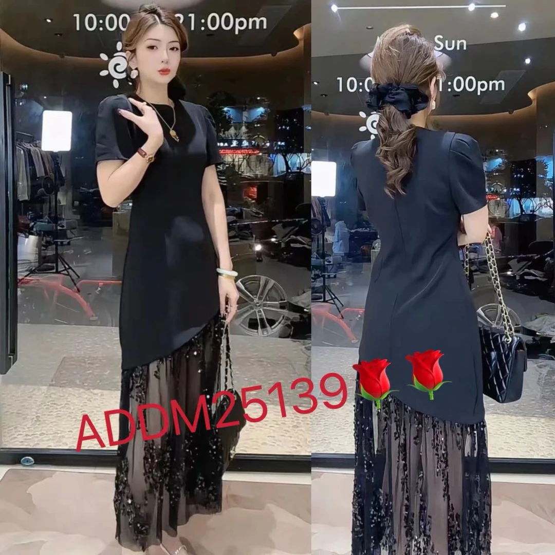 邹先森25139-29时尚气质名媛纯色短袖拼接网纱设计连衣裙