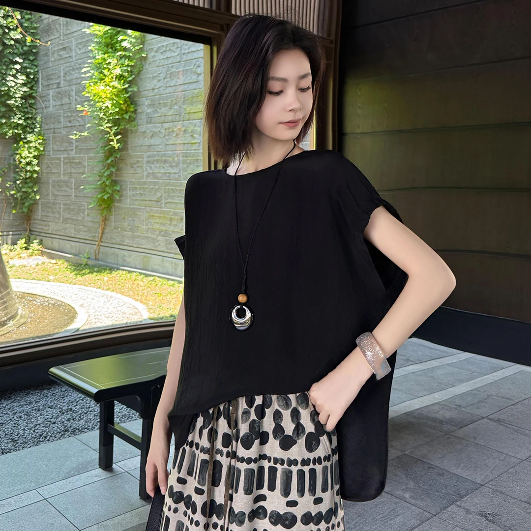 不规则黑色气质醋酸冰感短袖t恤女2025新款夏季宽松显瘦百搭上衣