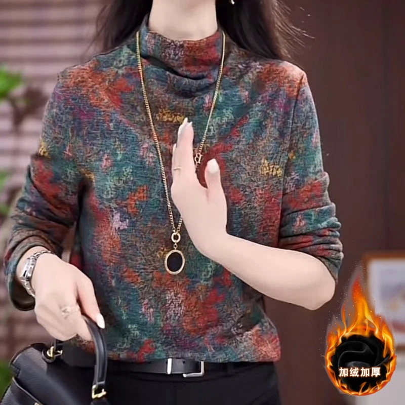 半高领印花长袖打底衫女秋冬新款澳绒妈妈装加绒加厚保暖内搭上衣