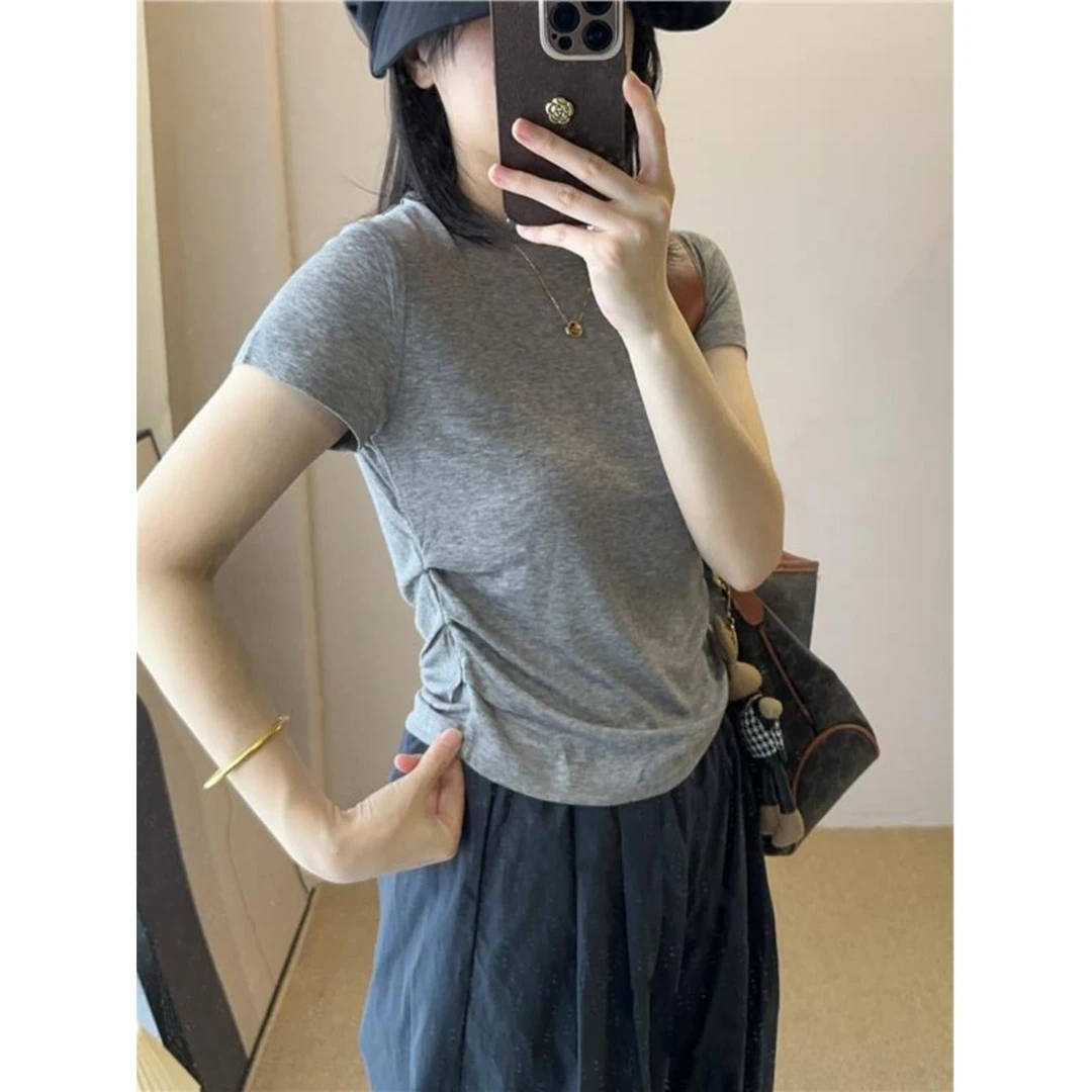 灰色正肩修身显瘦夏季短袖t恤女设计感小众抽褶收腰韩版上衣
