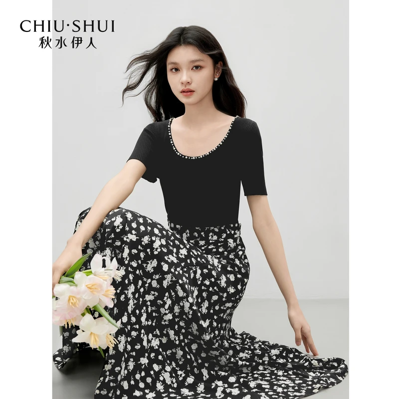 秋水伊人优雅圆领短袖上衣2025年夏季新款女针织衫625253M030656