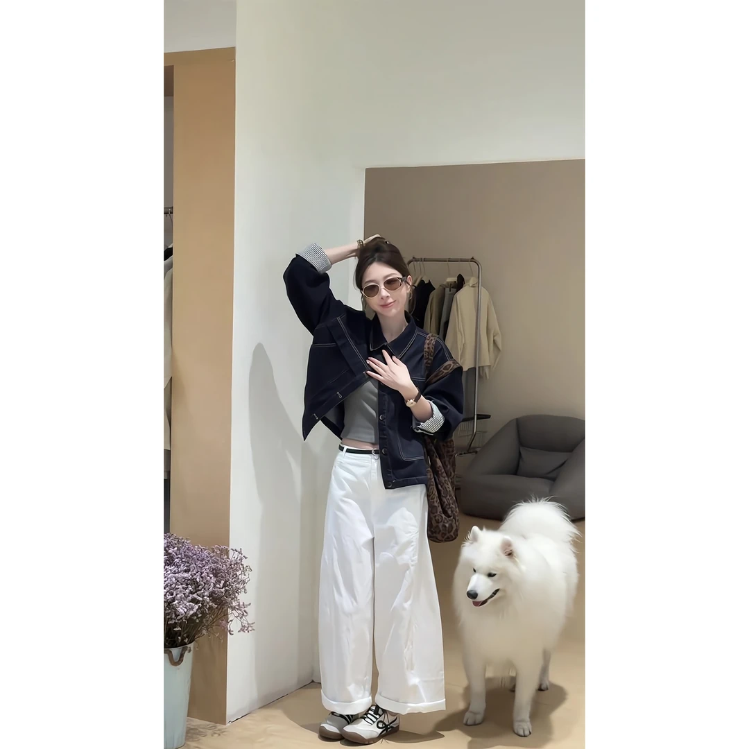 秋季新款韩系设计感小众短袖牛仔衬衫短款上衣外套阔腿裤休闲裤女