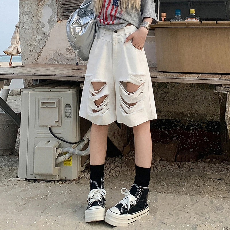 美式白色潮流破洞牛仔短裤2025夏季爆款时尚女装宽松阔腿直筒中裤